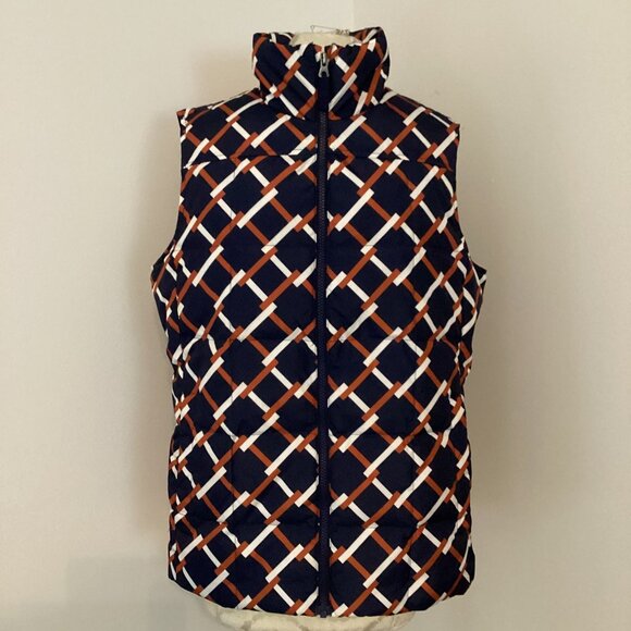 NEW! LANDS' END WOMEN'S DOWN PUFFER VEST NAVY PRINT M OUTDOOR WINTER COZY CASUAL - Picture 2 of 4